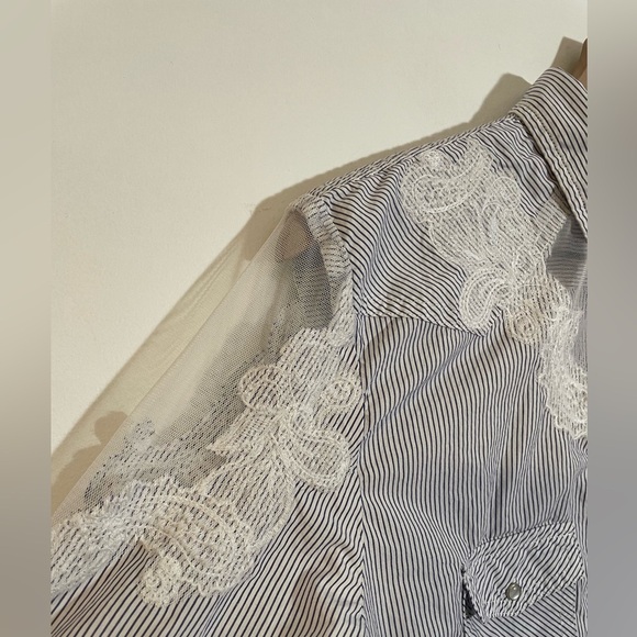 GUESS Striped Sheer Long Sleeve Button Down Western Shirt Sz Lg Pearl Snap Lace - Picture 10 of 12